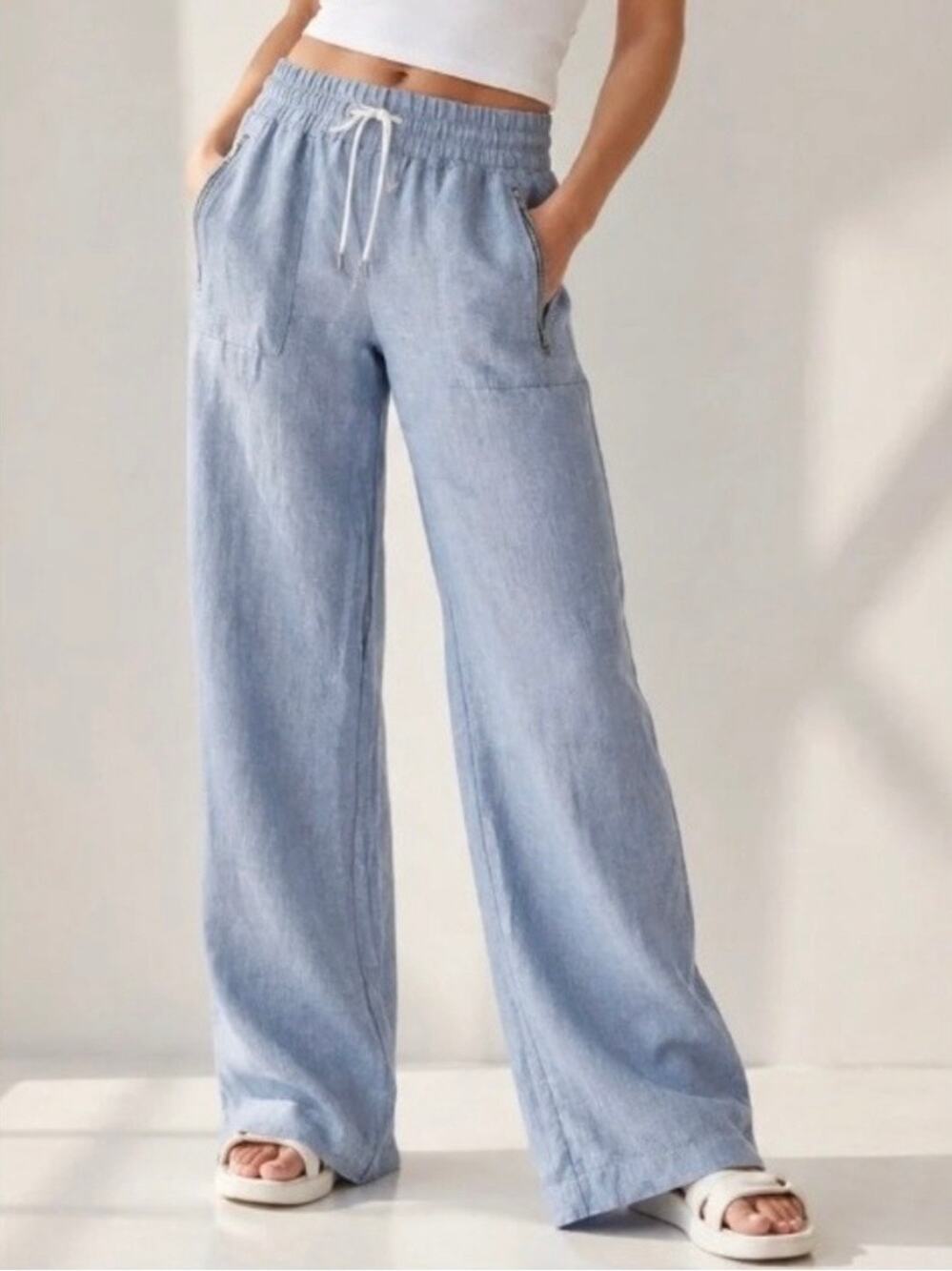 Athleta TALL Cabo Linen Wide Leg Pants Blue Chambray 10